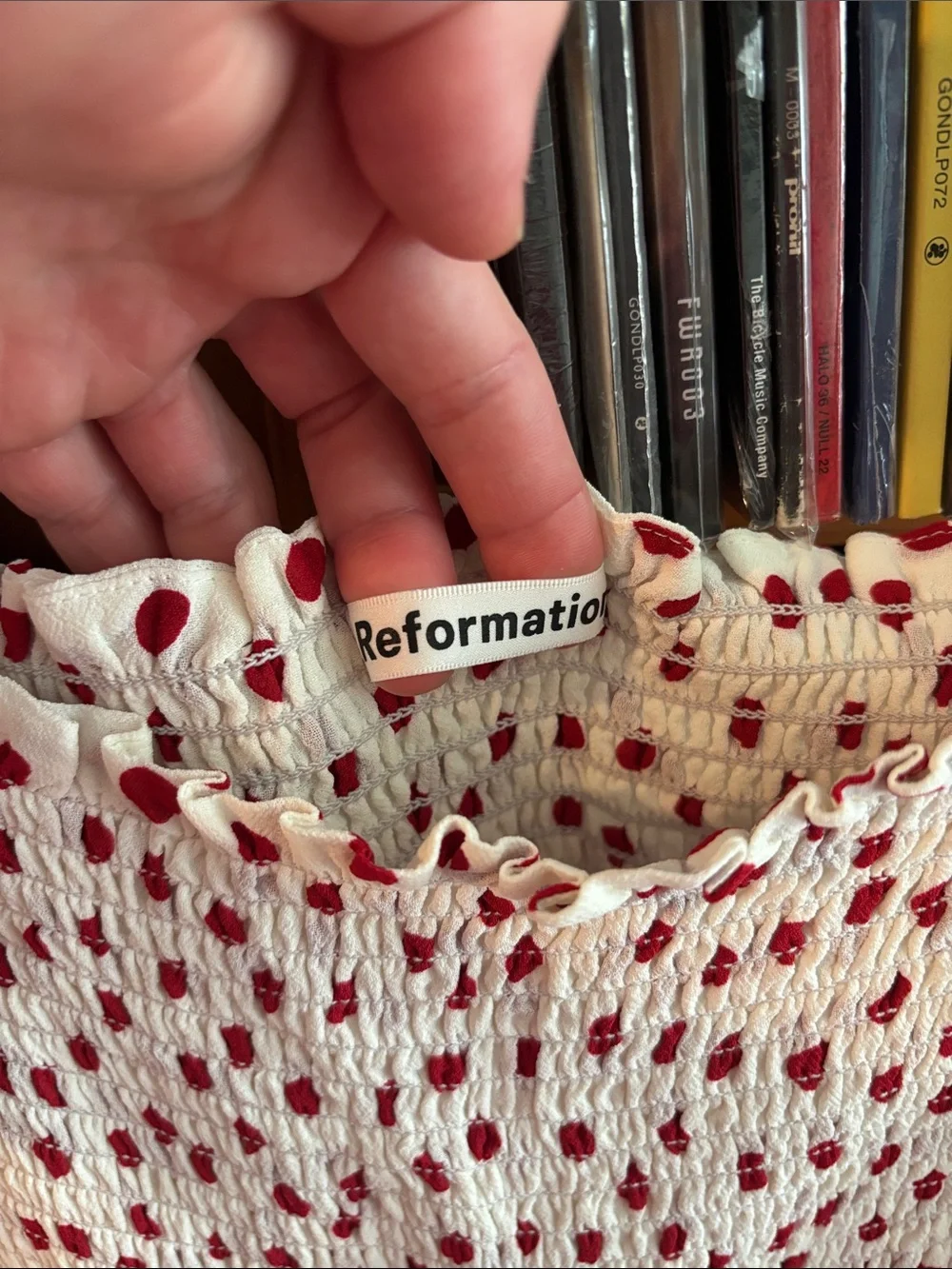 Reformation Cream Midi Dress with Red Polka Dots - Picture 6 of 11